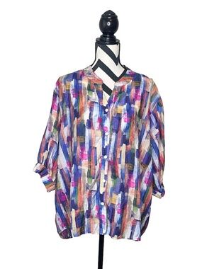 Caroline Morgan Colorful Artsy Abstract Sz 14 Puff Sleeve Button Front Blouse